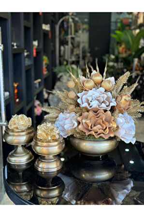 Yapay Çiçekli Antik Yassı Vazo 3 Parça Set No:2