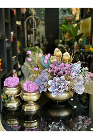 Yapay Çiçekli Antik Yassı Vazo 3 Parça Set No:4