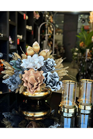 Yapay Çiçekli Gold Yassı Vazo 3 Parça Set No:13