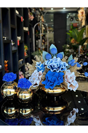 Yapay Çiçekli Gold Yassı Vazo 3 Parça Set No:4