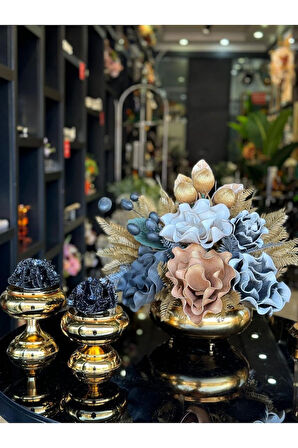 Yapay Çiçekli Gold Yassı Vazo 3 Parça Set No:6