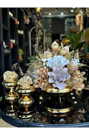 Yapay Çiçekli Gold Yassı Vazo 3 Parça Set No:7