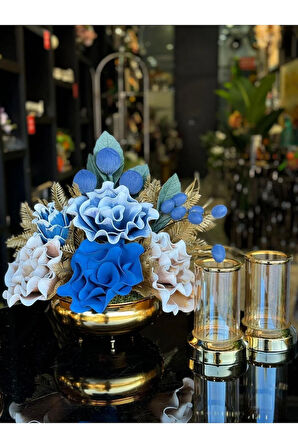 Yapay Çiçekli Gold Yassı Vazo 3 Parça Set No:8