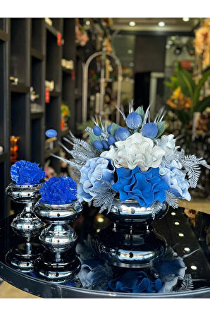 Yapay Çiçekli Gümüş Yassı Vazo 3 Parça Set No:11