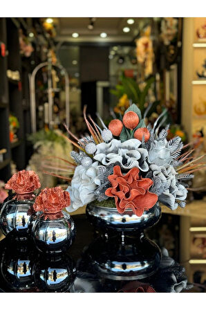 Yapay Çiçekli Gümüş Yassı Vazo 3 Parça Set No:12