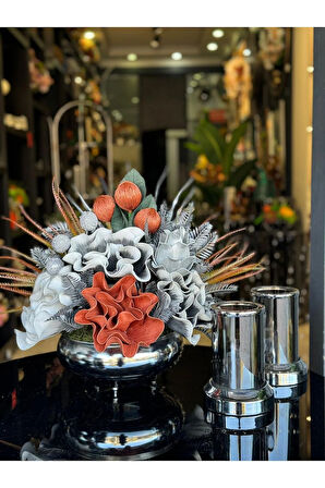 Yapay Çiçekli Gümüş Yassı Vazo 3 Parça Set No:16