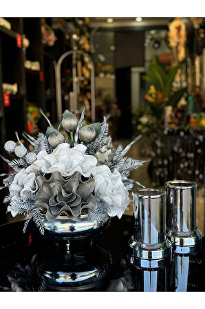Yapay Çiçekli Gümüş Yassı Vazo 3 Parça Set No:18