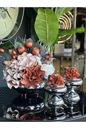 Yapay Çiçekli Gümüş Yassı Vazo 3 Parça Set No:5