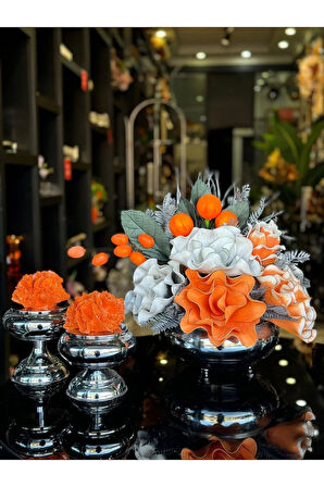 Yapay Çiçekli Gümüş Yassı Vazo 3 Parça Set No:9