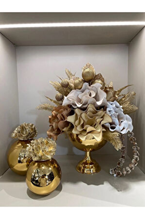 Yapay Çiçekli Gold Yuvarlak Vazo 3 Parça Set No:1