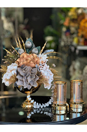 Yapay Çiçekli Gold Yuvarlak Vazo 3 Parça Set No:10