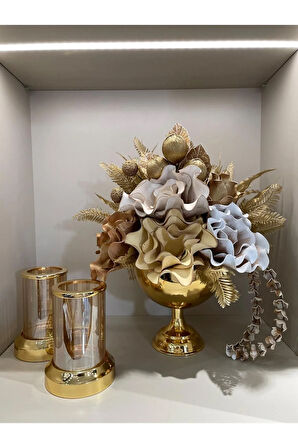 Yapay Çiçekli Gold Yuvarlak Vazo 3 Parça Set No:4