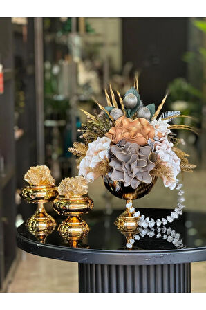 Yapay Çiçekli Gold Yuvarlak Vazo 3 Parça Set No:7