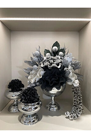 Yapay Çiçekli Gümüş Yuvarlak Vazo 3 Parça Set No:2