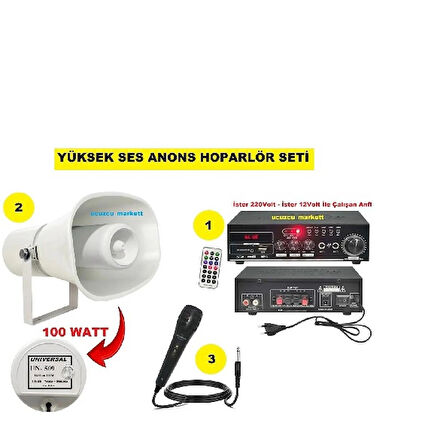 Anons Hoparlör Seti (100 Watt Hoparlör - Mikrofon - USB - Sd Kart Girişli Mobil Amfi)