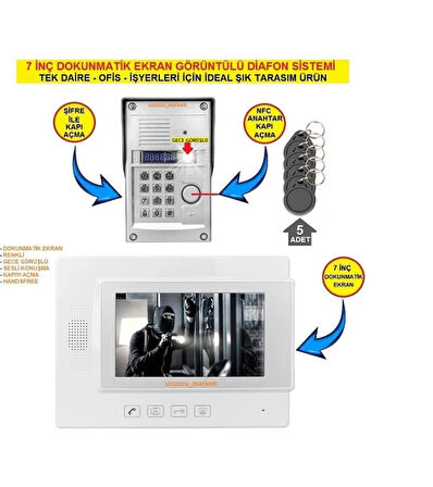 7 Inç Görüntülü Diafon Sistemi ( Dokunmatik Ekran-Tek Daire Içindir Şifre + Kartlı Geçiş Özellikli)