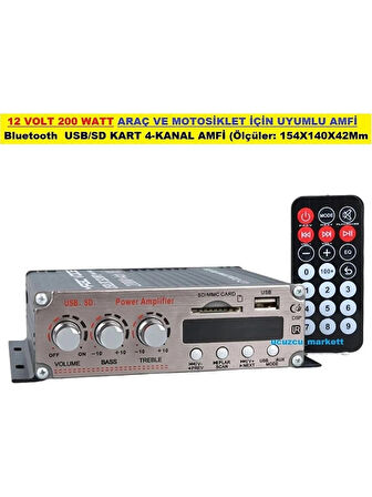 12 Volt 200 Watt Araç ve Motosiklet Için Uyumlu Amfi (Bluetooth - Usb/sd Kart - 4 Kanal Anfi (ÖLÇÜLER:154X140X42MM)