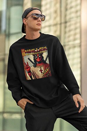 Marvel's Jesus Yazılı Unisex Oversize Deadpool Baskılı Sweatshirt