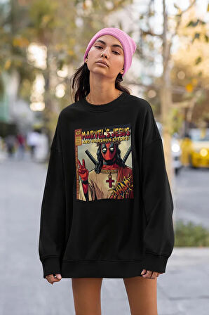 Marvel's Jesus Yazılı Unisex Oversize Deadpool Baskılı Sweatshirt