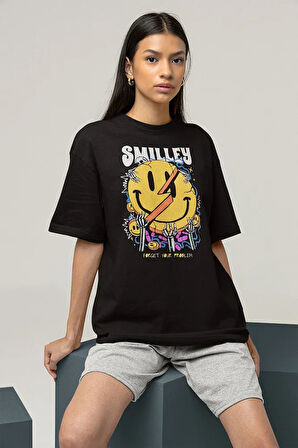 Smilley Forget Your Problem Baskılı Unisex Oversize Gülen Yüz Tişört