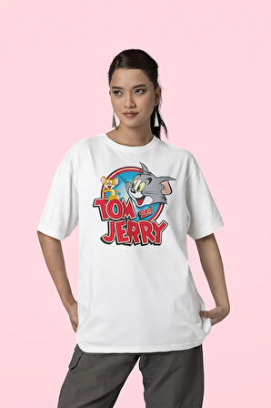 Tom And Jerry Baskılı Unisex Oversize Çizgi Film Tişört