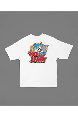 Tom And Jerry Baskılı Unisex Oversize Çizgi Film Tişört
