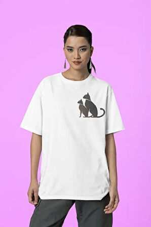 Kedi Ailesi Baskılı Unisex Oversize Tişört