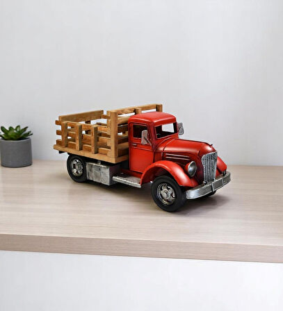 Auto Petit Metal Retro Çiftlik Kamyonu – Ahşap Tepsili Dekoratif Süs (42 cm)