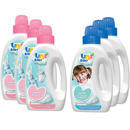 Uni Baby Aktif Sıvı Çamaşır Deterjanı 3x1500 ml + Çamaşır Yumuşatıcısı 3x1500 ml (6 lı Set)