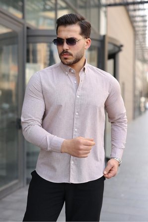 Premum Dik Yakalı Slim Fit Keten Görünümlü Gömlek