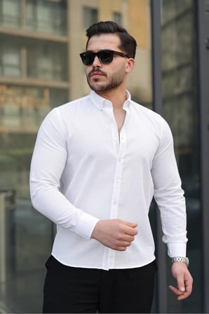 Premum Dik Yakalı Slim Fit Keten Görünümlü Gömlek