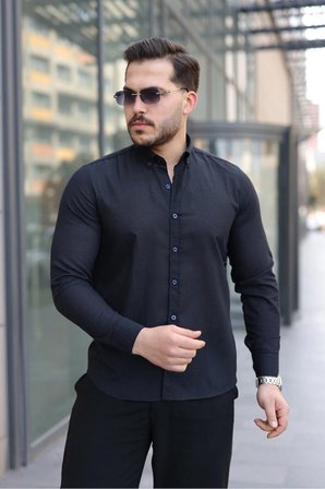 Premum Dik Yakalı Slim Fit Keten Görünümlü Gömlek