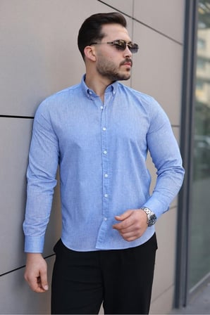 Premum Dik Yakalı Slim Fit Keten Görünümlü Gömlek
