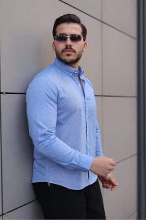 Premum Dik Yakalı Slim Fit Keten Görünümlü Gömlek