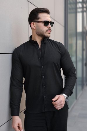 Premum Dik Yakalı Slim Fit Keten Görünümlü Gömlek