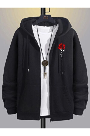 Unisex Beyaz Çicek Baskı Fermuarlı Kapüşonlu Oversize Hırka