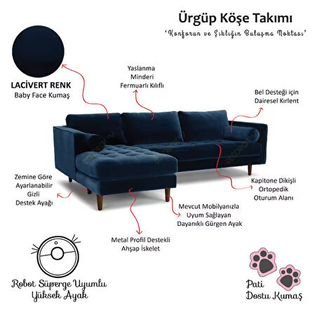 Ürgüp Lacivert Modern Rahat Köşe Takımı Yumuşak Sünger Yüksek Ayak Pati Dostu Baby Face Kumaş Pofuduk Sol Köşe