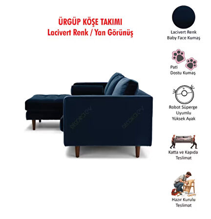 Ürgüp Lacivert Modern Rahat Köşe Takımı Yumuşak Sünger Yüksek Ayak Pati Dostu Baby Face Kumaş Pofuduk Sol Köşe