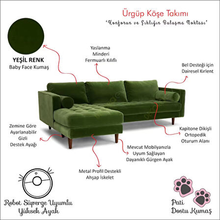 Ürgüp Yeşil Modern Rahat Köşe Takımı Yumuşak Sünger Yüksek Ayak Pati Dostu Baby Face Kumaş Pofuduk Sol Köşe