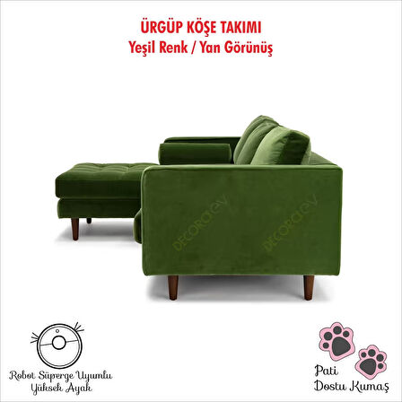 Ürgüp Yeşil Modern Rahat Köşe Takımı Yumuşak Sünger Yüksek Ayak Pati Dostu Baby Face Kumaş Pofuduk Sol Köşe