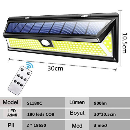 Solar 180 LED Güneş Enerjili Kumandalı 3 Modlu Duvar Lambası | Hareket Sensörlü Su Geçirmez