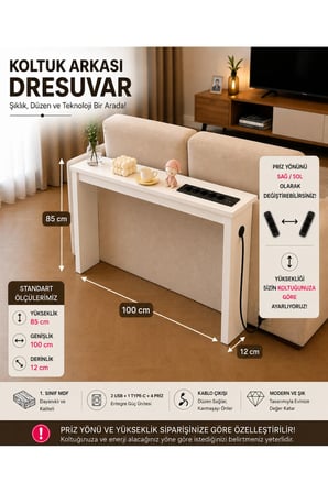 Café Royale Vintage & USB-Tech Konsol Raf - 3 USB + 4 Priz Girişli MDF Koltuk Arkası Raf Beyaz 100x85x12