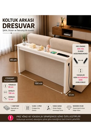 Café Royale Vintage & USB-Tech Konsol Raf - 3 USB + 4 Priz Girişli MDF Koltuk Arkası Raf Beyaz 150x85x12