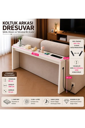 Café Royale Vintage & USB-Tech Konsol Raf - 3 USB + 4 Priz Girişli MDF Koltuk Arkası Raf Beyaz 180x85x12