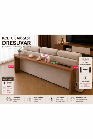 Café Royale Vintage & USB-Tech Konsol Raf - 3 USB + 4 Priz Girişli MDF Koltuk Arkası Raf Dresuar Ceviz 240x80x12