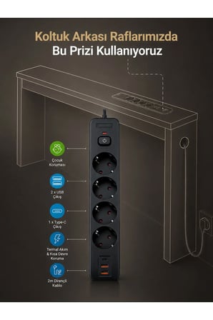 Café Royale Vintage & USB-Tech Konsol Raf - 3 USB + 4 Priz Girişli MDF Koltuk Arkası Raf Dresuar Ceviz 240x80x12