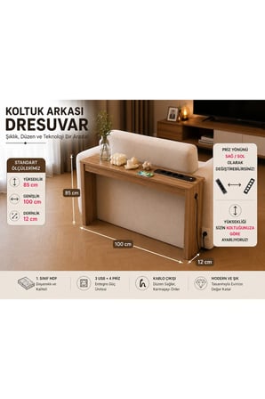 Café Royale Vintage & USB-Tech Konsol Raf - 3 USB + 4 Priz Girişli MDF Koltuk Arkası Raf Açık Ceviz 100x85x12