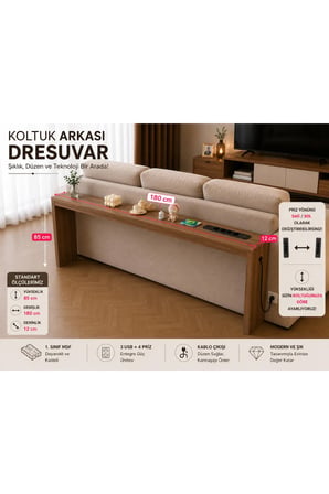 Café Royale Vintage & USB-Tech Konsol Raf - 3 USB + 4 Priz Girişli MDF Koltuk Arkası Raf Dresuar Ceviz 180x85x12