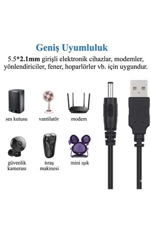 USB to DC 3.5x1.35mm 5V Güç Şarj Kablosu 1 Metre Modem Router Fan Mini Hoparlör Masa Lambası Akıllı Diş Fırçası Uyumlu Adaptör Çevirici Besleme Kablosu