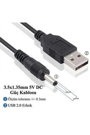 USB to DC 3.5x1.35mm 5V Güç Şarj Kablosu 1 Metre Modem Router Fan Mini Hoparlör Masa Lambası Akıllı Diş Fırçası Uyumlu Adaptör Çevirici Besleme Kablosu